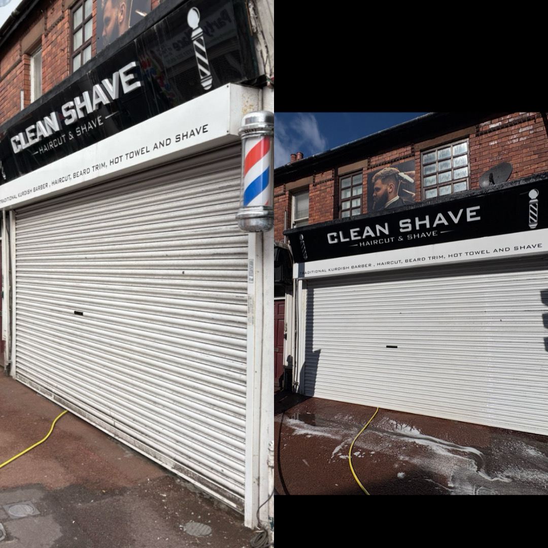 Shopfront shutter and pavement before and after pressure washing, North West England