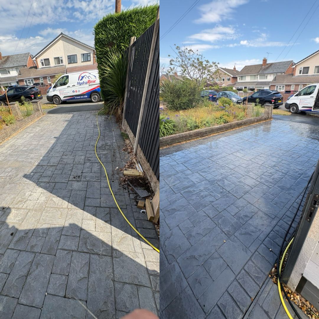 Block paving driveway and side path before and after pressure washing, North West England