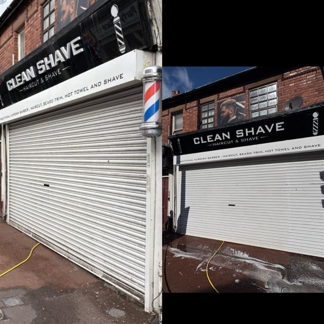 Commercial shopfront shutter and pavement cleaned by HydroRinse