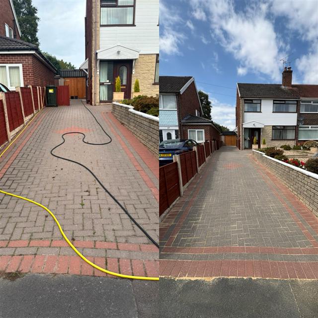 Herringbone block paving driveway cleaned by HydroRinse